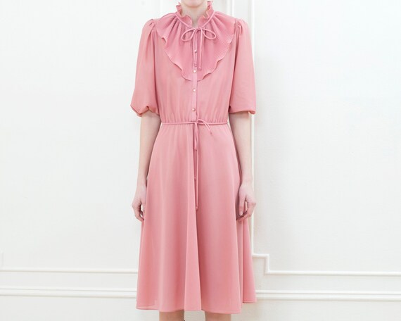 70s pink sheer ruffle puff sleeve midi dress | ma… - image 3