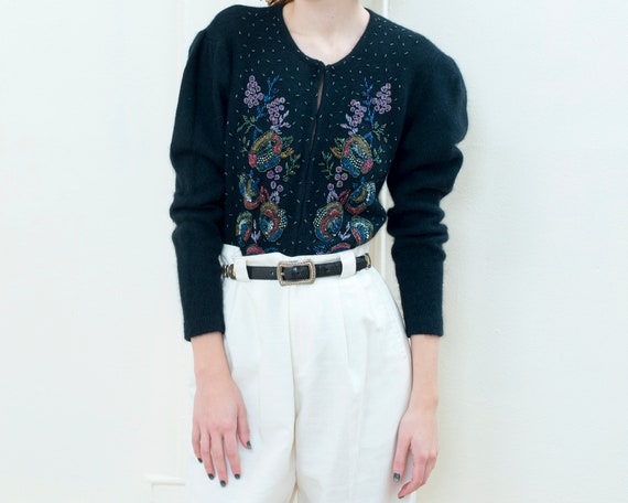80s black puff sleeve beaded cardigan | vintage si