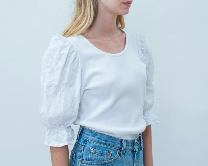 folk blouse shirt birkin romantic blouse crochet puffy puff pouf sleeves lace trachten dirndl blouse vintage white puff sleeve shirt