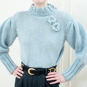 80s metallic blue puff sleeve sweater light blue mockneck bishop sleeve knit image 1