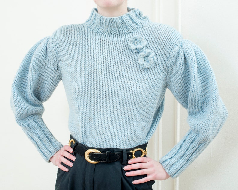 80s metallic blue puff sleeve sweater light blue mockneck bishop sleeve knit image 1