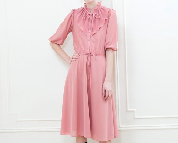 70s pink sheer ruffle puff sleeve midi dress | ma… - image 7