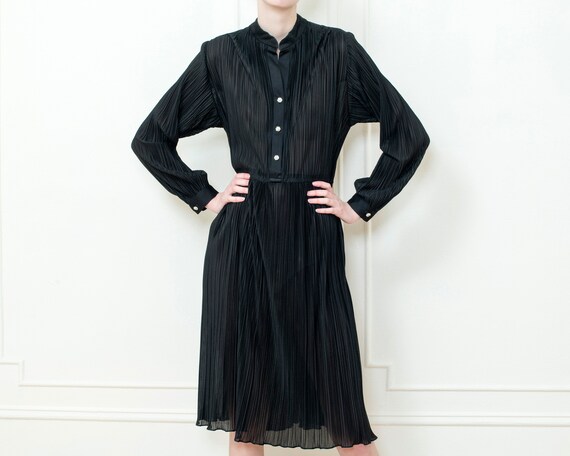 70s black accordian pleat midi dress | faux fortu… - image 1