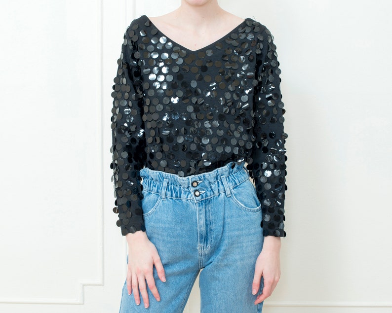 80s black sequin evening blouse oversized sparkly paillette top