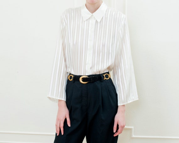 80s white striped sheer puff sleeve blouse | large