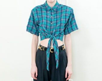 80s turquoise blue plaid cropped blouse | short sleeve tie front collared shirt