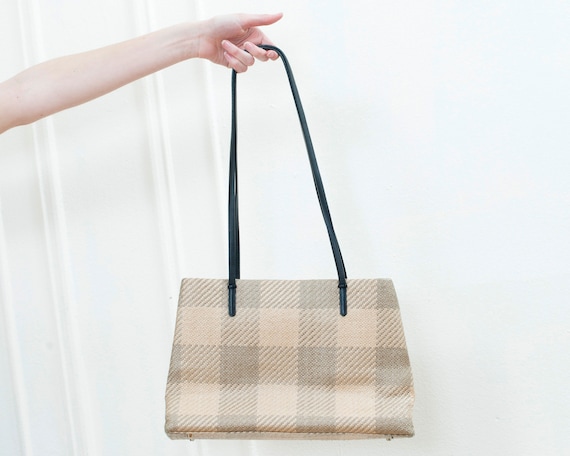 90s woven straw plaid shoulder bag | woven raffia