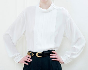 80s white high neck pleated puff sleeve blouse | power suit blouse