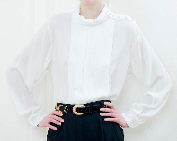 80s white high neck pleated puff sleeve blouse | … - image 1