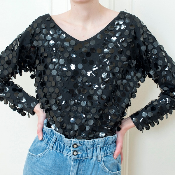 80s black sequin evening blouse | oversized sparkly paillette top