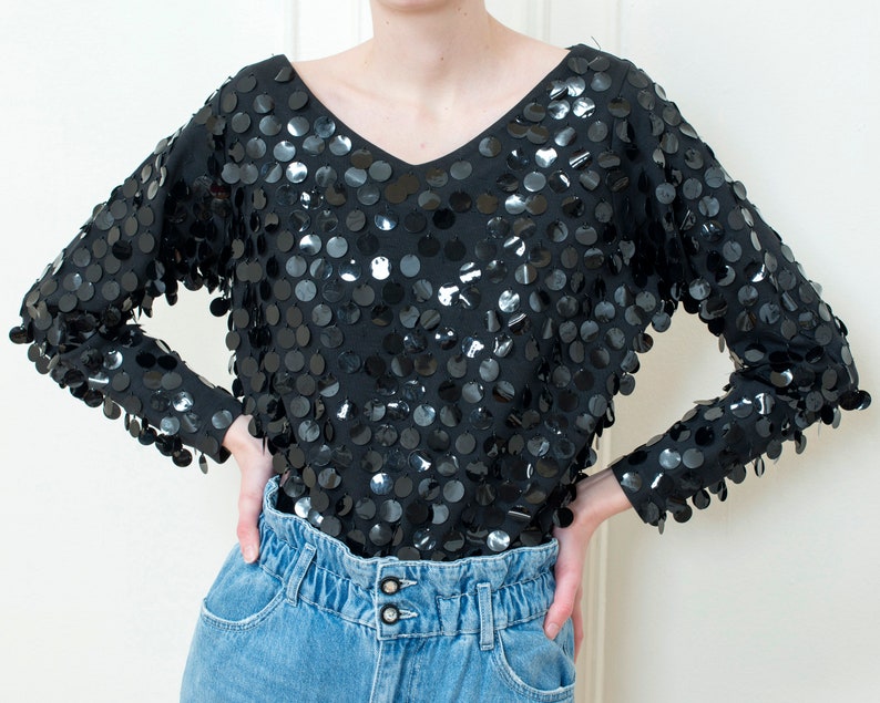 80s black sequin evening blouse oversized sparkly paillette top