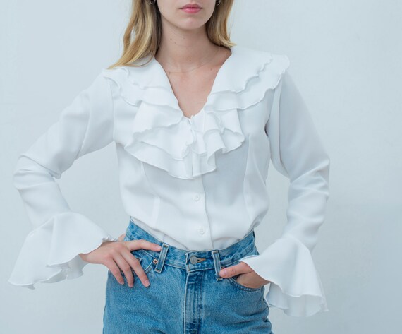 White ruffle blouse bell sleeve ruffled 