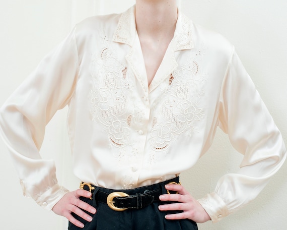 70s cream white silk eyelet blouse | openwork embr