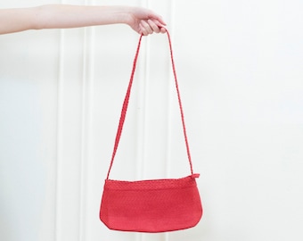 90er Jahre rot gewebte Stroh Baguette Tasche | kirschroter Korb weben minimalistisch gewebte Geldbörse | knallrot gewebte minimalistische Handtasche