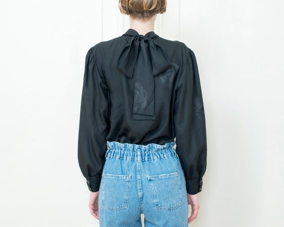 80s black puff sleeve blouse | large dramatic bow… - image 5