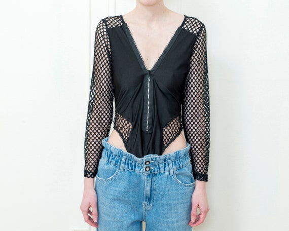 90s black fishnet crystal leotard | small zip up … - image 2