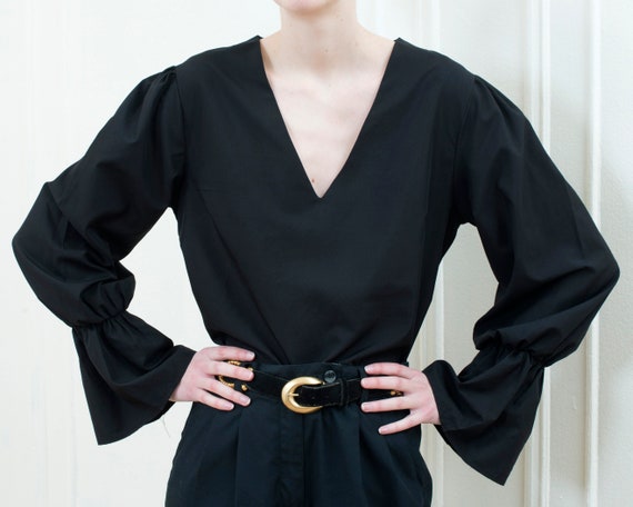 90s black bell puff sleeve blouse | minimalist v n