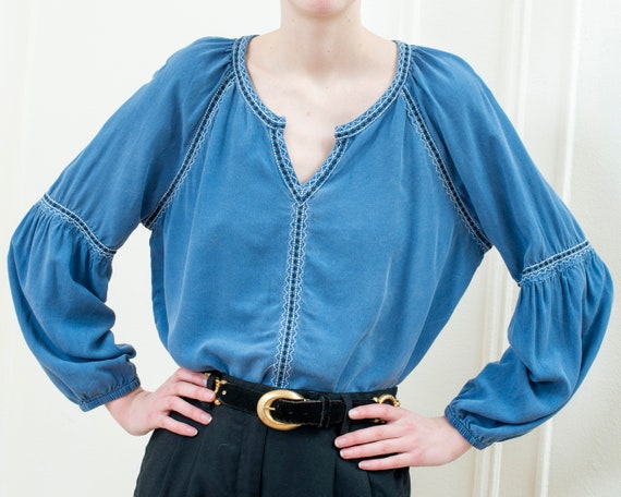 90s blue puff sleeve tunic blouse | large bohemian