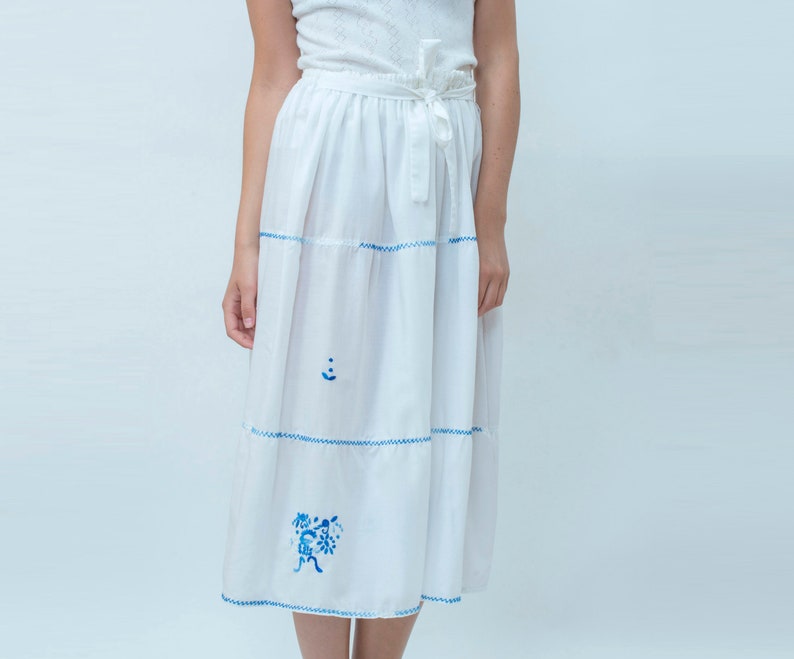 70s White Mexican Cotton Midi Skirt Medium Embroidered Blue Etsy