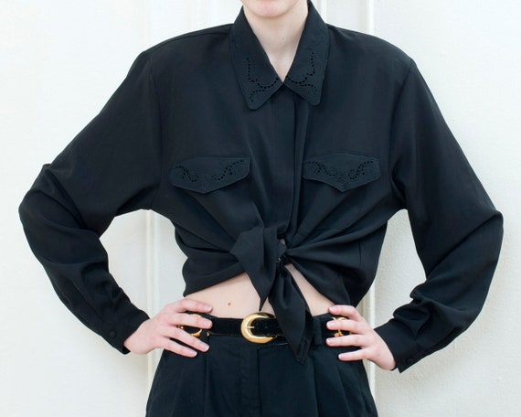 80s black eyelet button down shirt | black minimal