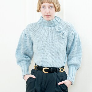 80s metallic blue puff sleeve sweater light blue mockneck bishop sleeve knit image 5