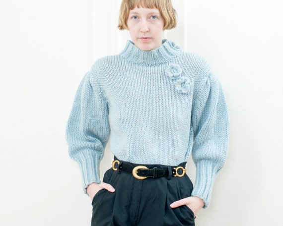 80s metallic blue puff sleeve sweater | light blu… - image 5