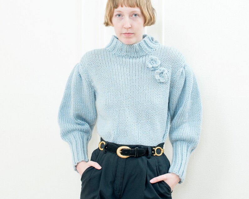 80s metallic blue puff sleeve sweater light blue mockneck bishop sleeve knit image 5