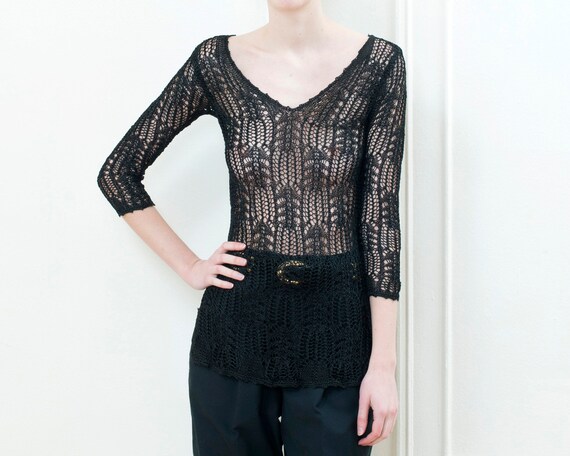 90s black sheer crochet blouse small | bohemian cr
