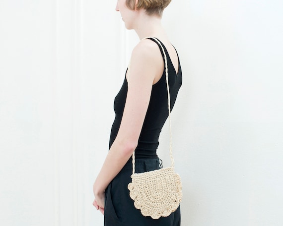 90s tan straw crochet mini purse | cross body beac