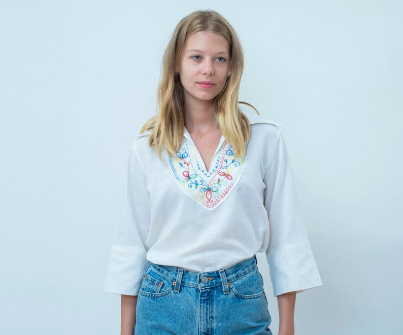 bohemian blouse boho woodstock birkin 60s white hippie blouse medium sailor collar shirt embroidered rainbow flower pattern blouse