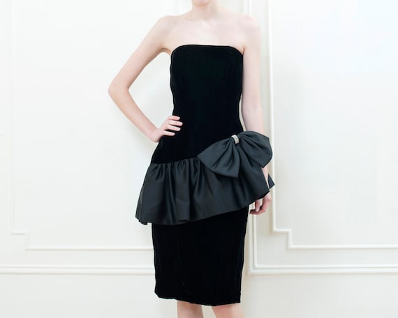 80s black party dress | velvet ruffle peplum cockt