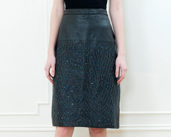 80s beaded leather pencil skirt | 34 waist sequin