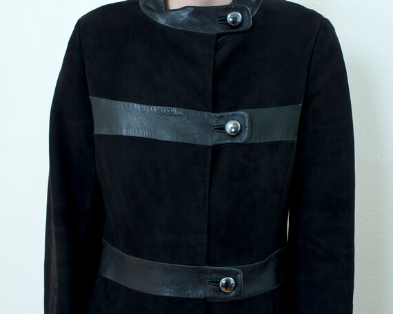 70s black suede leather mod coat | high neck tail… - image 2