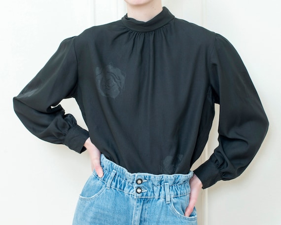 80s black puff sleeve blouse | large dramatic bow… - image 1