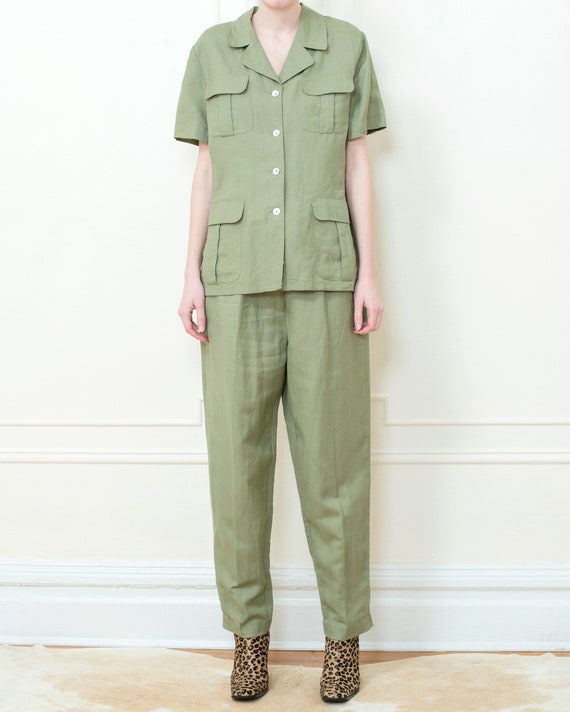 90s sage green safari pant suit | medium 2 piece … - image 2