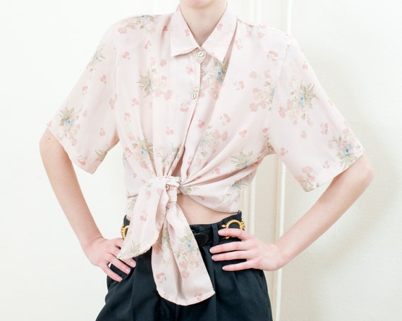 80s pink sheer floral blouse | large flower print