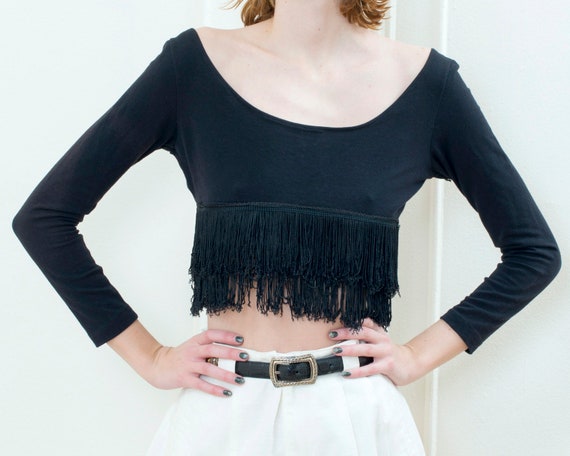 80s black fringe crop top