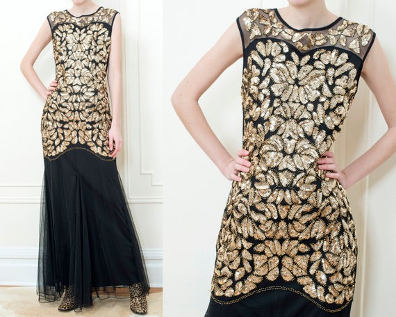 80s gold sequin evening gown | black long tulle p… - image 1