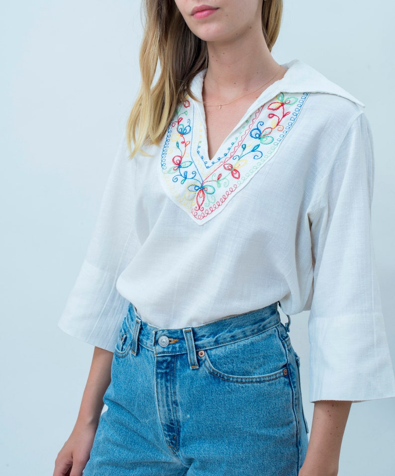 bohemian blouse boho woodstock birkin 60s white hippie blouse medium sailor collar shirt embroidered rainbow flower pattern blouse