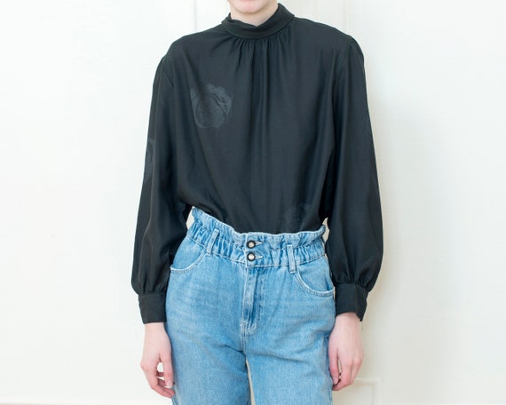 80s black puff sleeve blouse | large dramatic bow… - image 2