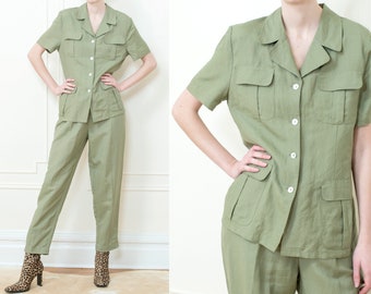 90s sage green safari pant suit | medium 2 piece light muted green patch pocket suit