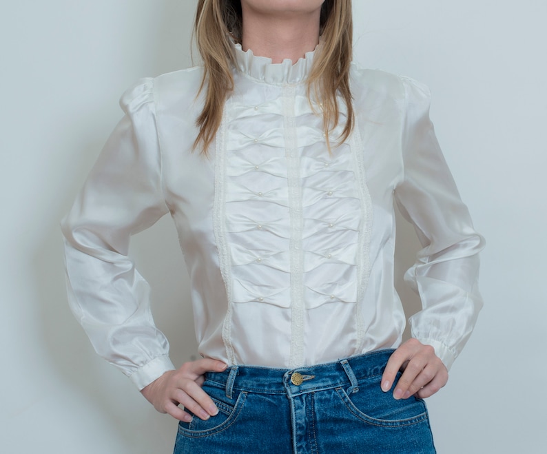 70s white ruffle blouse high neck victorian style blouse | Etsy