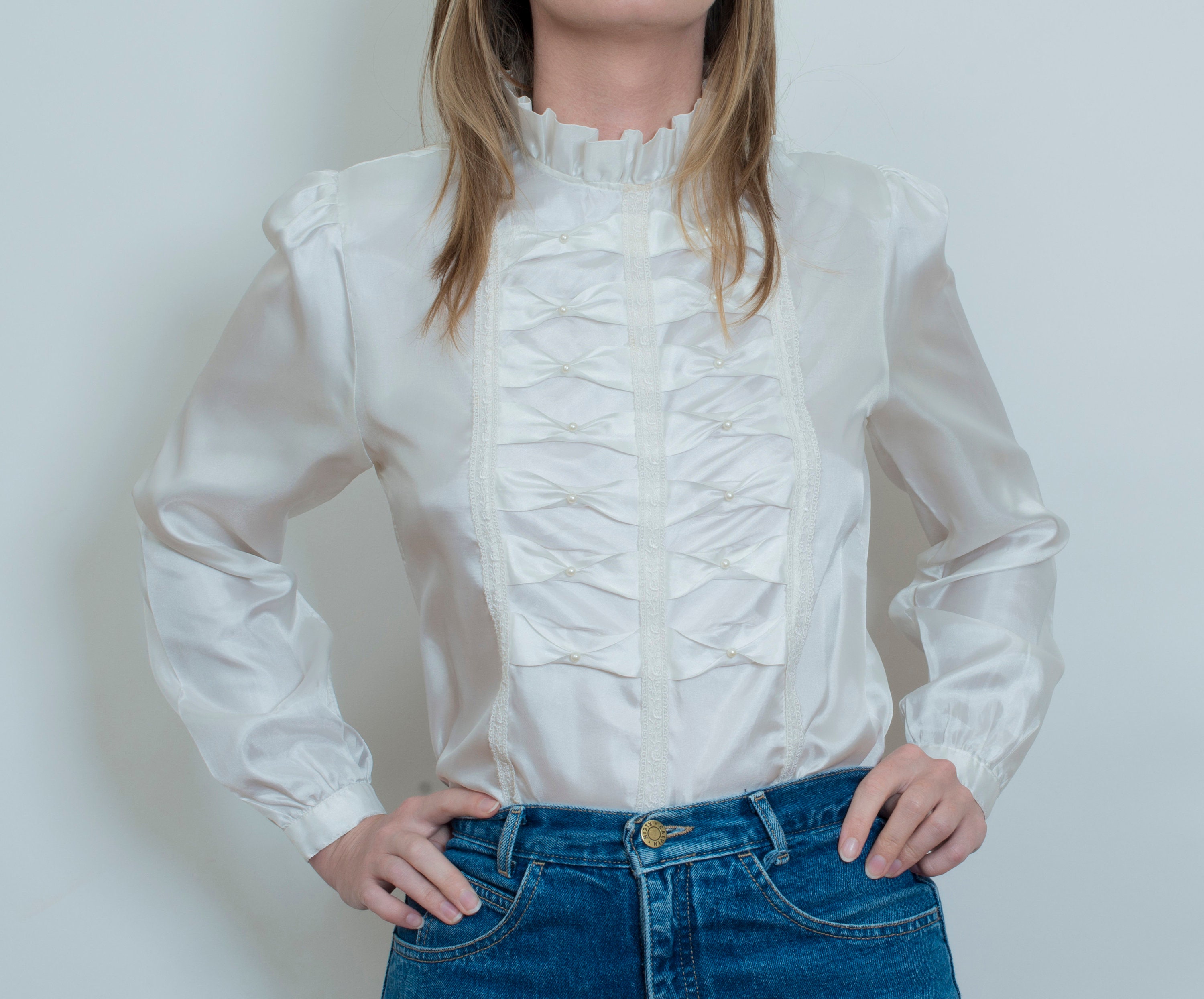 70s white ruffle blouse high neck victorian style blouse | Etsy
