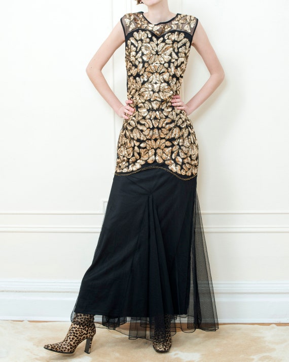 80s gold sequin evening gown | black long tulle p… - image 2