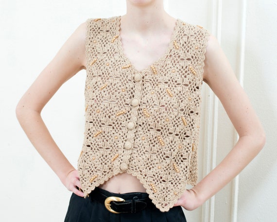 80s tan crochet vest | small beige crochet knit to