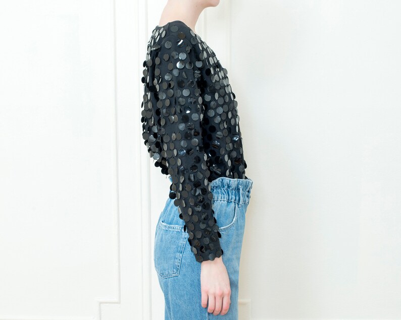 80s black sequin evening blouse oversized sparkly paillette top