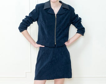 90s navy black mini skirt suit | medium 2 piece two tone dark blue matching set