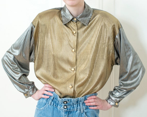 80s gold silver metallic blouse | dramatic shiny d