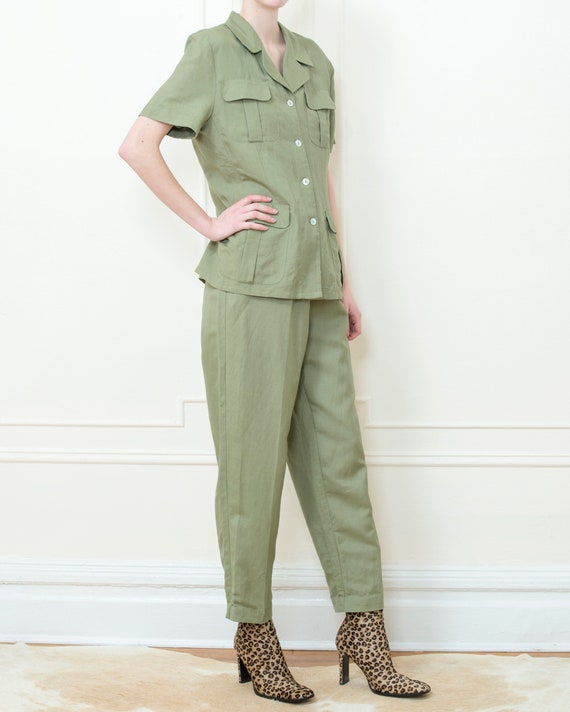 90s sage green safari pant suit | medium 2 piece … - image 4