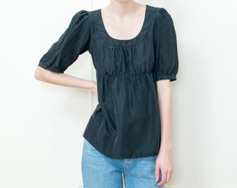 90s black silk puff sleeve blouse | small pouf sleeve top